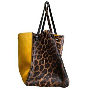 Jimmy Choo Leopard Twist Tote Suede Leather Trim Calf Hair Mustard Yellow Italy